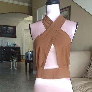 SHEIN Brown Cross Halter Crop Top